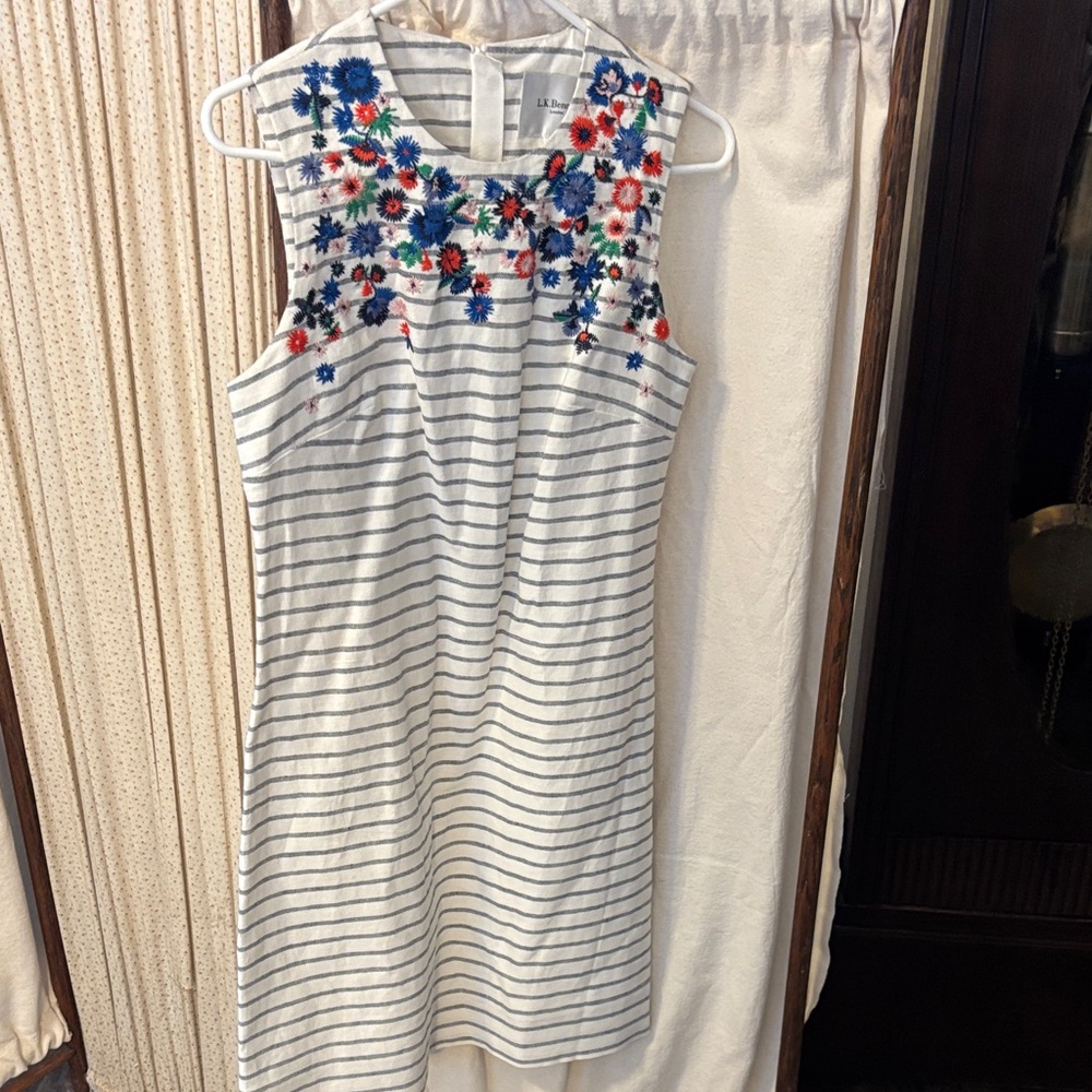LK Bennett White and Gray Striped Knee Length Dress with Red Floral Accents